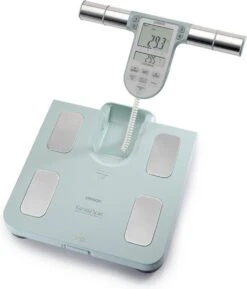OMRON BF511 Slimme Weegschaal Met Lichaamsanalyze En Vetpercentage 8 Sensoren Voor Beide Handen En Voeten Voor Volledige Bio-Elektrische Impedantie Analyze (BIA) - Smart Personenweegschaal Digitaal - Smart Scale - Klinisch Gevalideerd – Turquoise