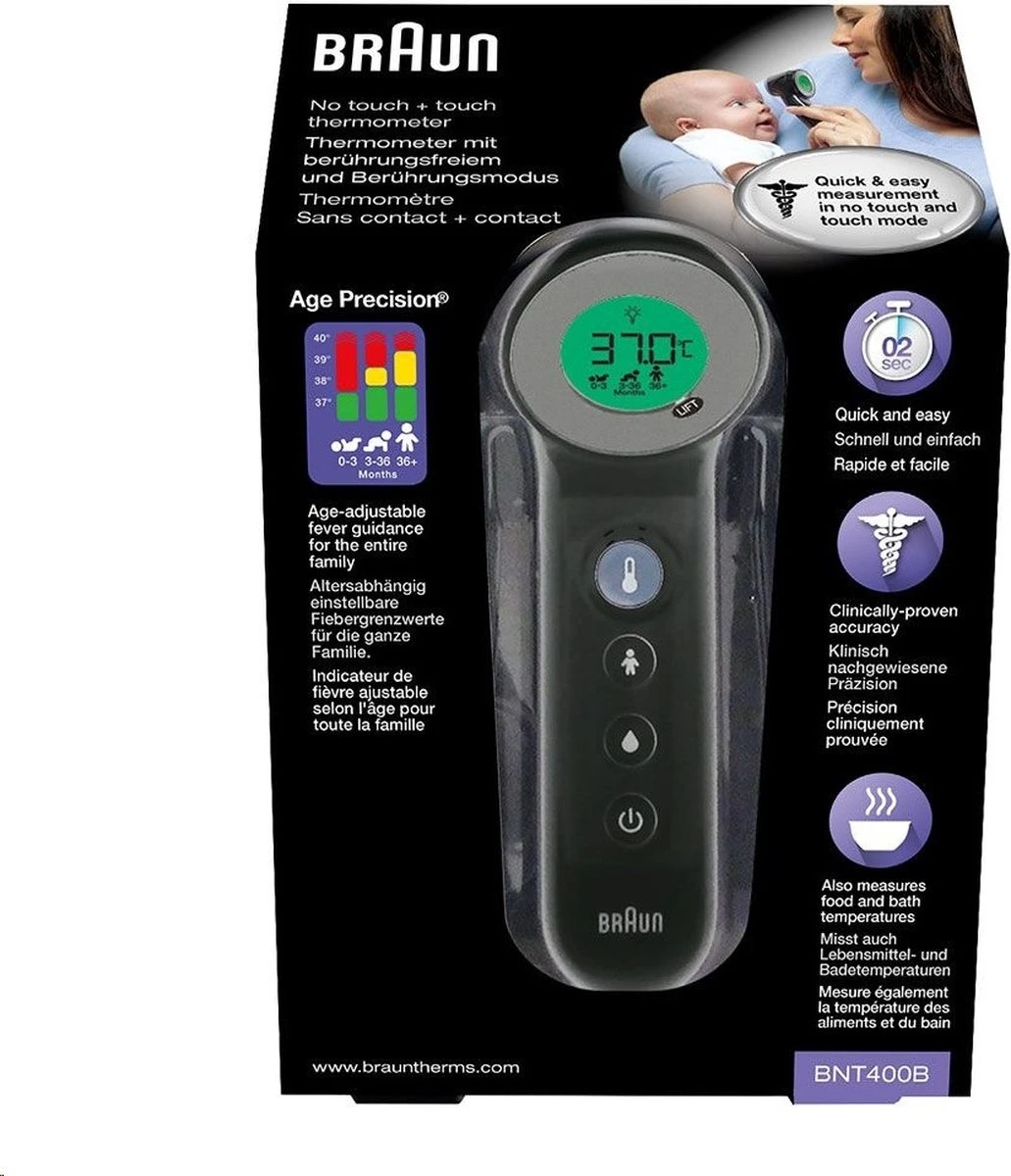 Braun Digitale Thermometer + Handige Opbergetui - Voorhoofdthermometer - Age Precision Technologie - Contactloze Meting - Geschikt Voor Baby's, Kinderen & Volwassenen - Koortsindicator Met Leeftijdsinstelling - Met Stiltemodus - BNT400 - Zwart 11 Braun Digitale Thermometer + Handige Opbergetui - Voorhoofdthermometer - Age Precision Technologie - Contactloze Meting - Geschikt Voor Baby's, Kinderen & Volwassenen - Koortsindicator Met Leeftijdsinstelling - Met Stiltemodus - BNT400 - Zwart - Afbeelding 9