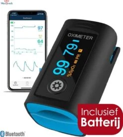 Meditrack Professionele Saturatiemeter Met APP En Hartslagmeter - Incl. Batterijen - Best Getest - Pulse Oximeter – Zuurstofmeter Vinger