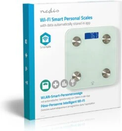 Nedis SmartLife Personenweegschaal | Wi-Fi | BMR / Botten / Gewicht / Spieren / Vet / Water | 8 Geheugenplaatsen | Piekbelasting: 180 Kg | Android™ / IOS | Glas | Wit -Winkel Voor Thuisgezondheidsmeetapparatuur 1120x1200 2