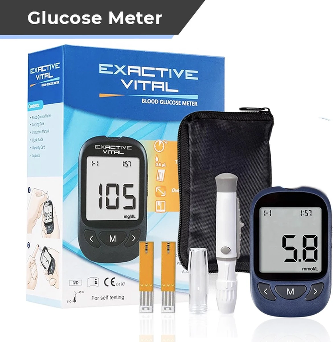 Exactive Vital Glucosemeter Startpakket XL – Bloedsuikermeter – Diabetes Meter – Glucose Monitor – Glucosemeter - Donkerblauw - 60 Teststrips - 60 Lancetten 3 Exactive Vital Glucosemeter Startpakket XL – Bloedsuikermeter – Diabetes Meter – Glucose Monitor – Glucosemeter - Donkerblauw - 60 Teststrips - 60 Lancetten