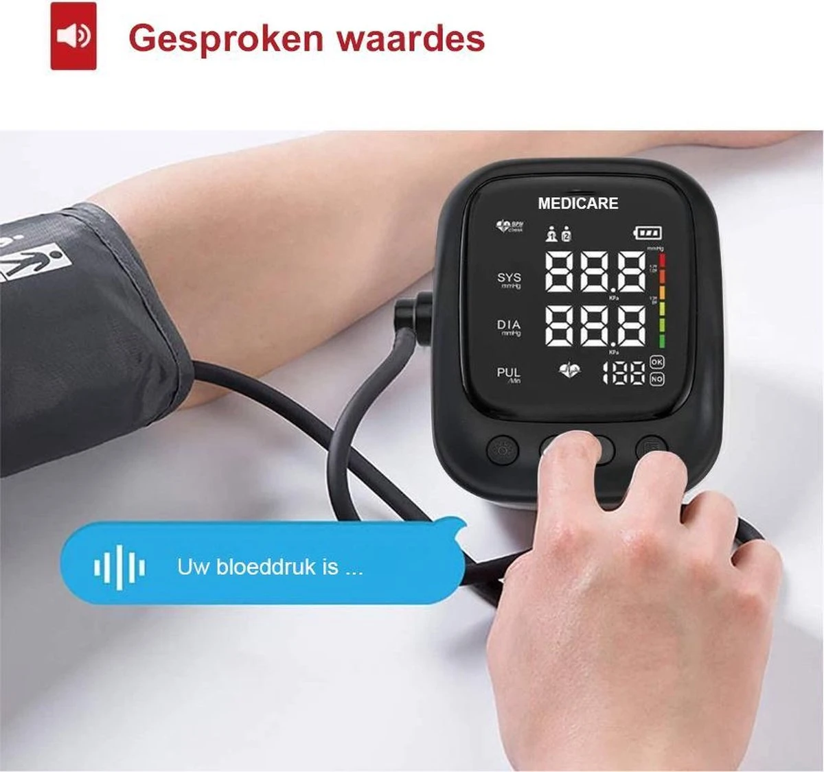 Medicare Bloeddrukmeter Bovenarm Met Spraakfunctie - Groot LED Scherm - Draagband - Zwart 6 Medicare Bloeddrukmeter Bovenarm Met Spraakfunctie - Groot LED Scherm - Draagband - Zwart - Afbeelding 5