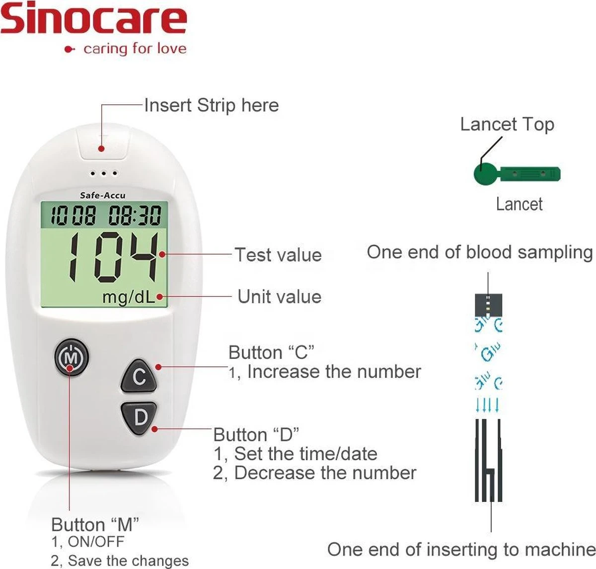 Sinocare - Sinocare Bloedglucosemeter, Safe-Accu Bloedglucosetestkit Met Bloedglucoseteststrips X 50 + Bloedsuikertestlancet X 50 + Diabetische Prikpen Zonder Code - Mg/dL 6 Sinocare - Sinocare Bloedglucosemeter, Safe-Accu Bloedglucosetestkit Met Bloedglucoseteststrips X 50 + Bloedsuikertestlancet X 50 + Diabetische Prikpen Zonder Code - Mg/dL - Afbeelding 4