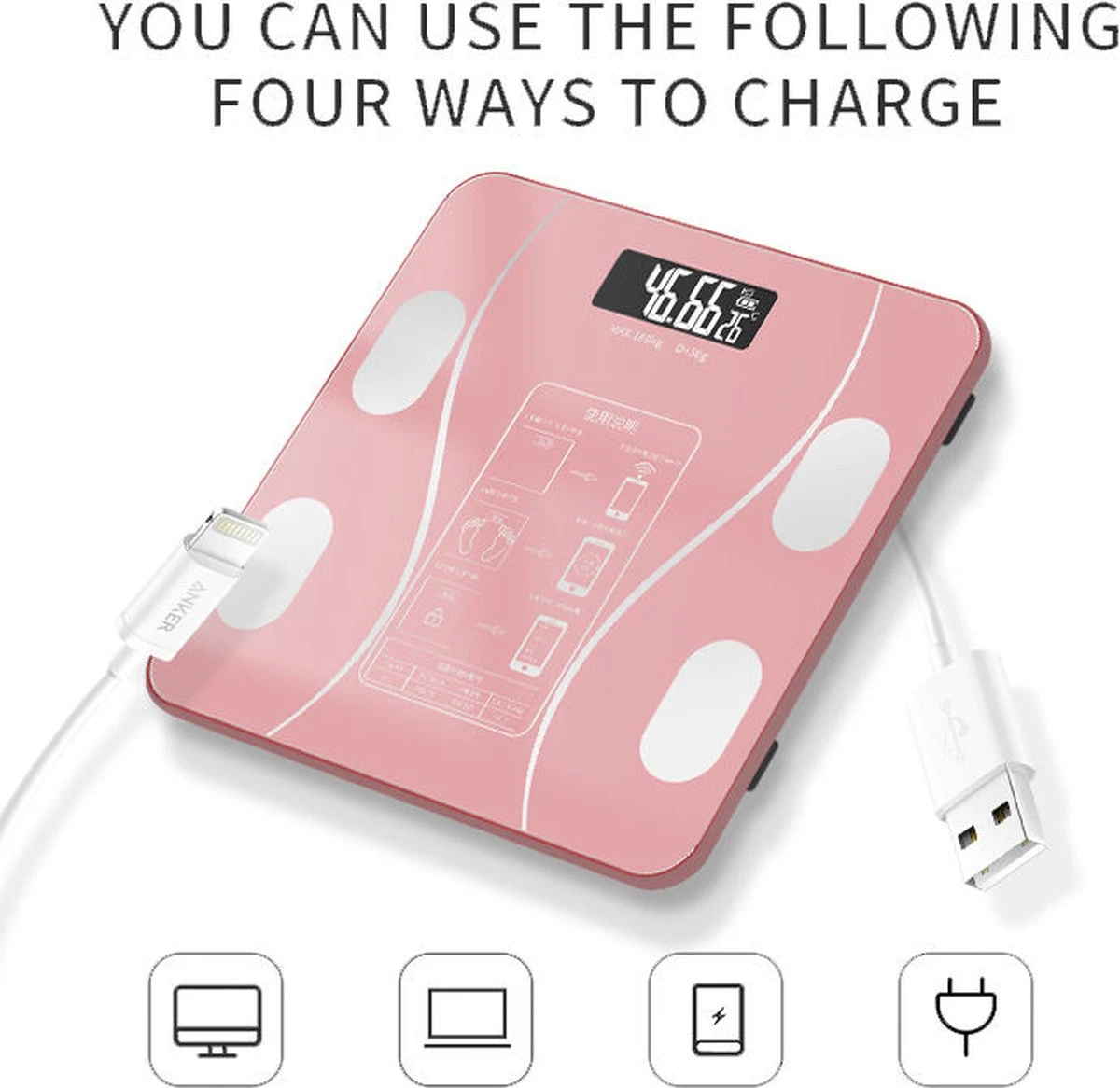 Merkloos Digitale Smart Weegschaal - Personenweegschaal - Met Lichaamsanalyse - USB Oplaadbaar - Met App - Roze 7 Merkloos Digitale Smart Weegschaal - Personenweegschaal - Met Lichaamsanalyse - USB Oplaadbaar - Met App - Roze - Afbeelding 5