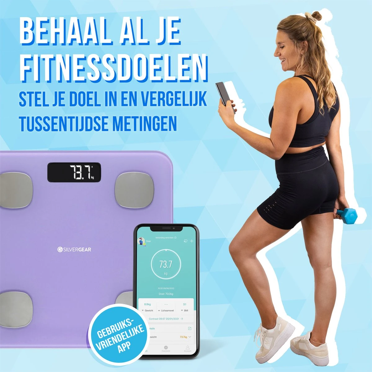 Silvergear® Bluetooth Personenweegschaal - Met Zeer Volledige Lichaamsanalyse Met Vetpercentage – Inclusief Analyse App – Lavendel Paars 8 Silvergear® Bluetooth Personenweegschaal - Met Zeer Volledige Lichaamsanalyse Met Vetpercentage – Inclusief Analyse App – Lavendel Paars - Afbeelding 6