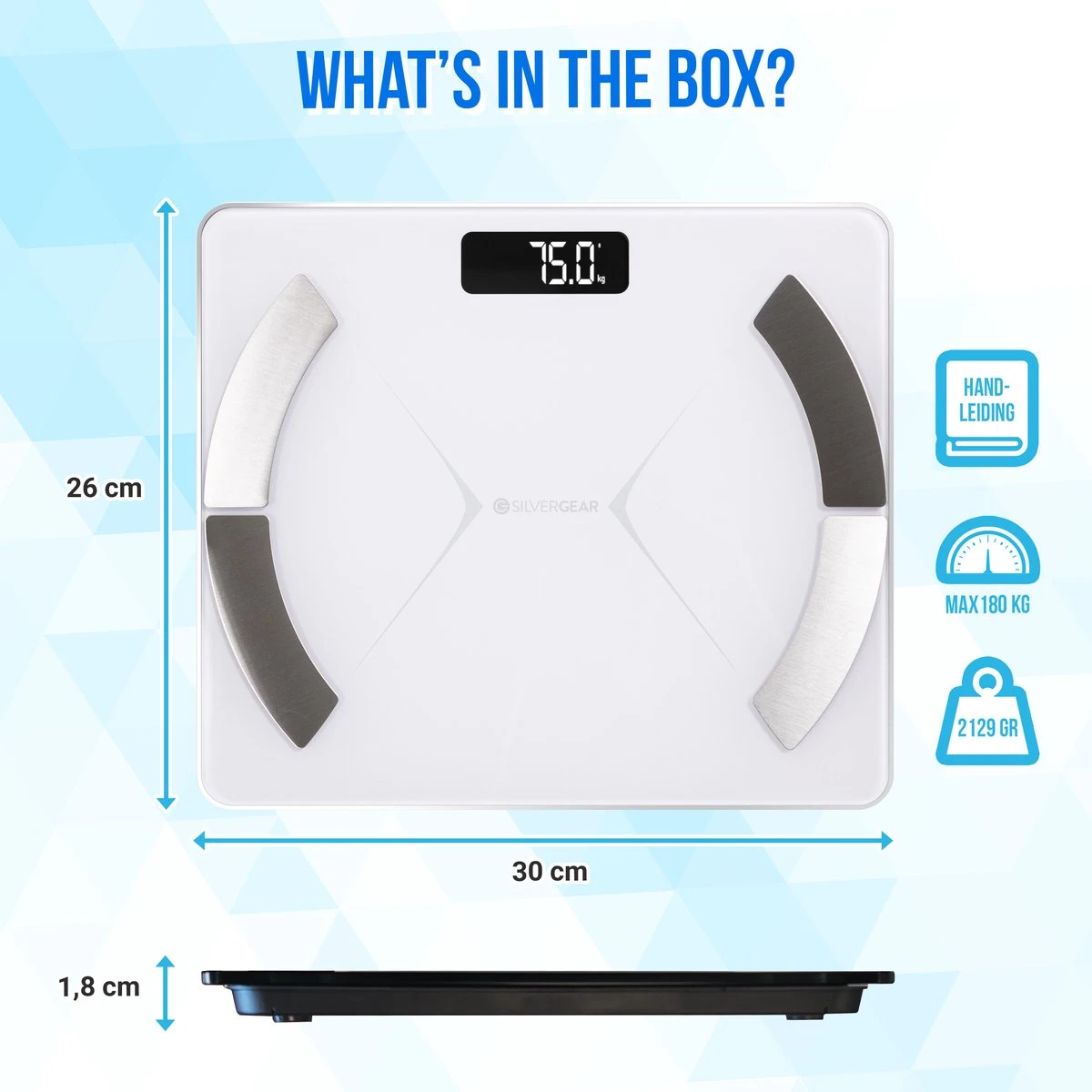 Silvergear Bluetooth Personenweegschaal - Met Zeer Volledige Lichaamsanalyse Met Vetpercentage – Inclusief Analyse App – Wit 10 Silvergear Bluetooth Personenweegschaal - Met Zeer Volledige Lichaamsanalyse Met Vetpercentage – Inclusief Analyse App – Wit - Afbeelding 8