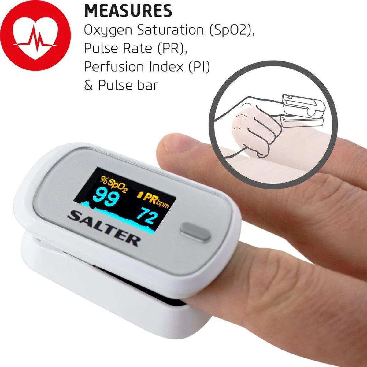 Salter- Saturatiemeter- Hartslagmeter-zuurstofmeter-vinger Pulse Oximeter- Inclusief Batterijen- Achtergrondsverlichting- 2 Jaar Garantie 4 Salter- Saturatiemeter- Hartslagmeter-zuurstofmeter-vinger Pulse Oximeter- Inclusief Batterijen- Achtergrondsverlichting- 2 Jaar Garantie - Afbeelding 2
