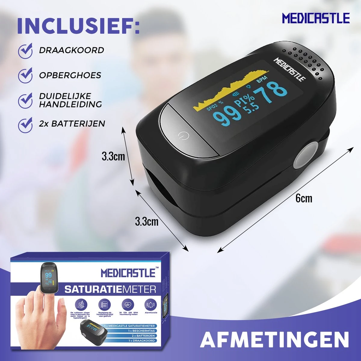Medicastle® Best Getest Saturatiemeter Zuurstofmeter Vinger - Complete Set Incl. Batterijen - Saturatiemeters 6 Medicastle® Best Getest Saturatiemeter Zuurstofmeter Vinger - Complete Set Incl. Batterijen - Saturatiemeters - Afbeelding 4