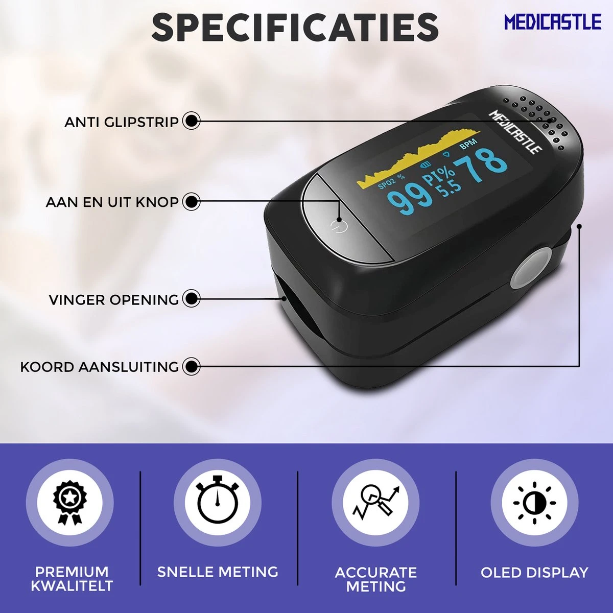 Medicastle® Best Getest Saturatiemeter Zuurstofmeter Vinger - Complete Set Incl. Batterijen - Saturatiemeters 9 Medicastle® Best Getest Saturatiemeter Zuurstofmeter Vinger - Complete Set Incl. Batterijen - Saturatiemeters - Afbeelding 7