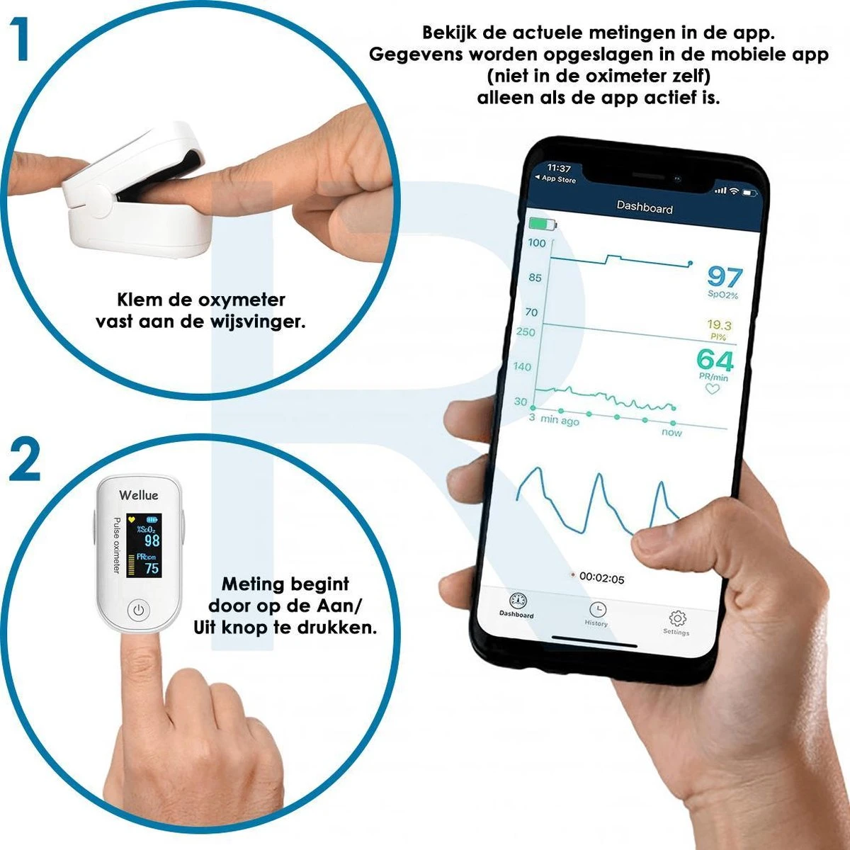 WELLUE Professionele Saturatiemeter Met VIHEALTH-App - Oximeter - Hartslagmeter - Zuurstofmeter Vinger - Pulse Oximeter - Led Scherm - Wit 7 WELLUE Professionele Saturatiemeter Met VIHEALTH-App - Oximeter - Hartslagmeter - Zuurstofmeter Vinger - Pulse Oximeter - Led Scherm - Wit - Afbeelding 6