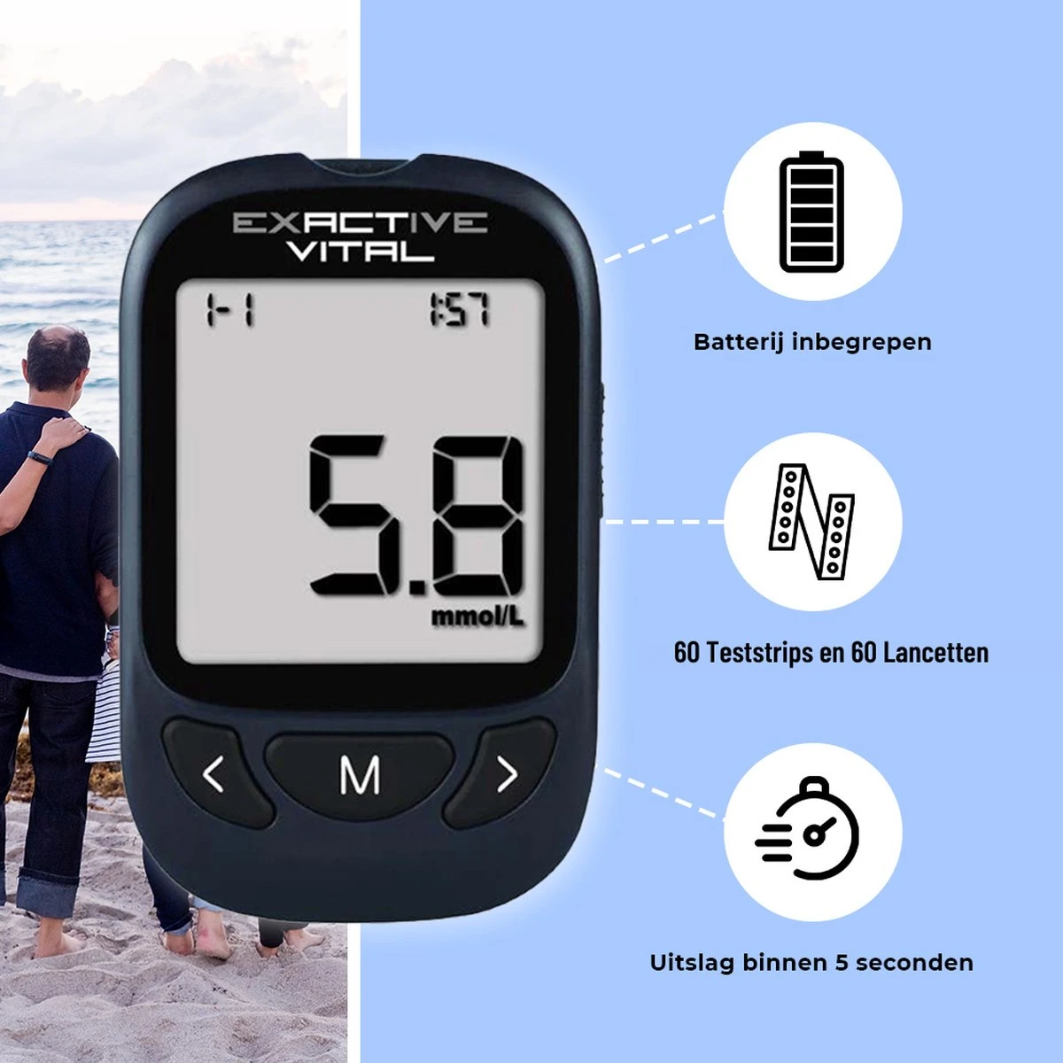 Exactive Vital Glucosemeter Startpakket XL – Bloedsuikermeter – Diabetes Meter – Glucose Monitor – Glucosemeter - Donkerblauw - 60 Teststrips - 60 Lancetten 5 Exactive Vital Glucosemeter Startpakket XL – Bloedsuikermeter – Diabetes Meter – Glucose Monitor – Glucosemeter - Donkerblauw - 60 Teststrips - 60 Lancetten - Afbeelding 3