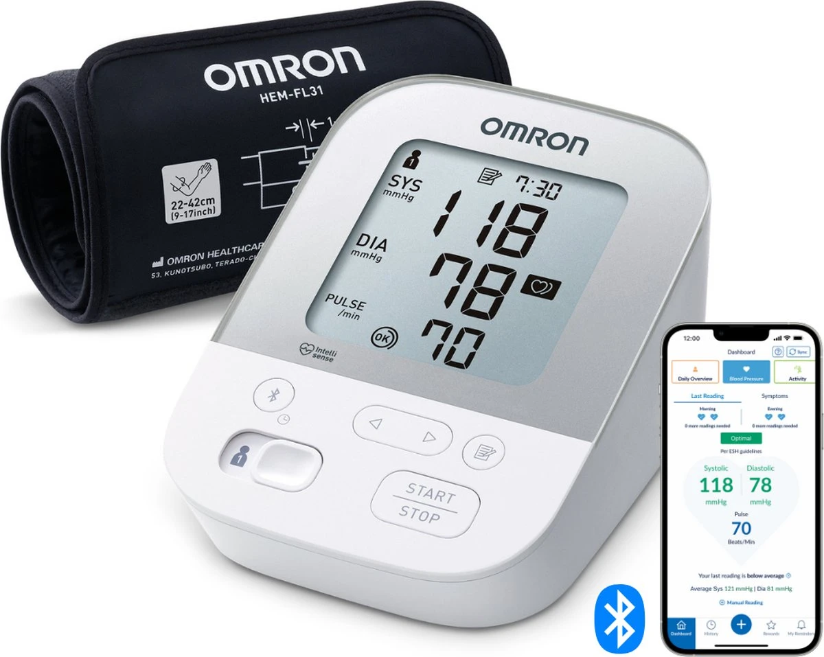 OMRON X4 Smart Bloeddrukmeter Bovenarm - Aanbevolen Door Hartstichting - Blood Pressure Monitor Met Hartslagmeter – Onregelmatige Hartslag - Klinisch Gevalideerd - Met Mobiele App - 22 Tot 42 Cm Manchet – 3 Jaar Garantie 3 OMRON X4 Smart Bloeddrukmeter Bovenarm - Aanbevolen Door Hartstichting - Blood Pressure Monitor Met Hartslagmeter – Onregelmatige Hartslag - Klinisch Gevalideerd - Met Mobiele App - 22 Tot 42 Cm Manchet – 3 Jaar Garantie