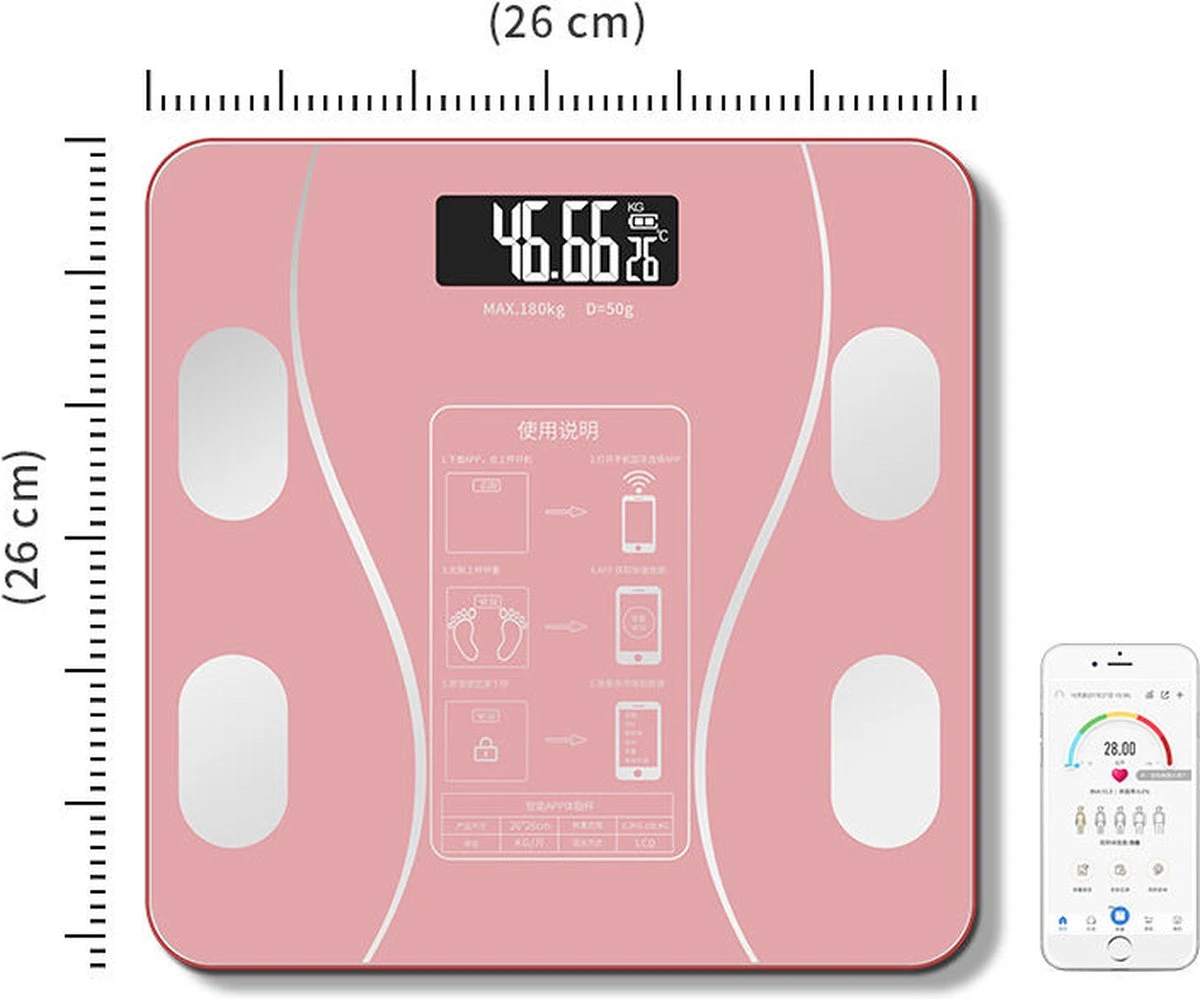 Merkloos Digitale Smart Weegschaal - Personenweegschaal - Met Lichaamsanalyse - USB Oplaadbaar - Met App - Roze 9 Merkloos Digitale Smart Weegschaal - Personenweegschaal - Met Lichaamsanalyse - USB Oplaadbaar - Met App - Roze - Afbeelding 7