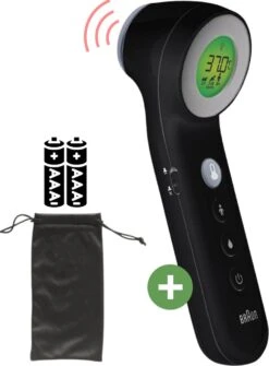 Braun Digitale Thermometer + Handige Opbergetui - Voorhoofdthermometer - Age Precision Technologie - Contactloze Meting - Geschikt Voor Baby's, Kinderen & Volwassenen - Koortsindicator Met Leeftijdsinstelling - Met Stiltemodus - BNT400 - Zwart