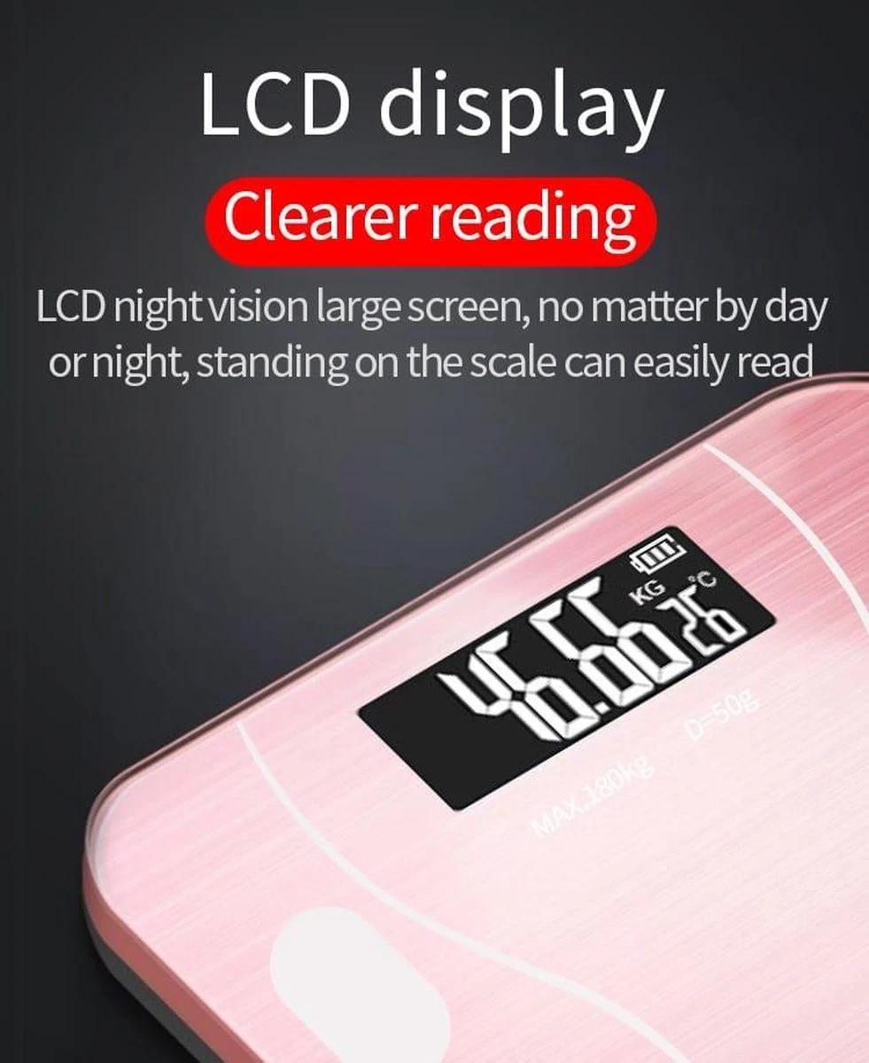 Merkloos Digitale Smart Weegschaal - Personenweegschaal - Met Lichaamsanalyse - USB Oplaadbaar - Met App - Roze 12 Merkloos Digitale Smart Weegschaal - Personenweegschaal - Met Lichaamsanalyse - USB Oplaadbaar - Met App - Roze - Afbeelding 10
